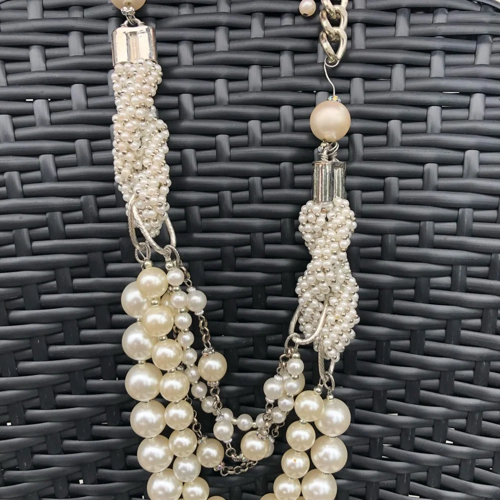 Pearl Multi-Strand Necklace - Ivory Pearls with Silver Chain